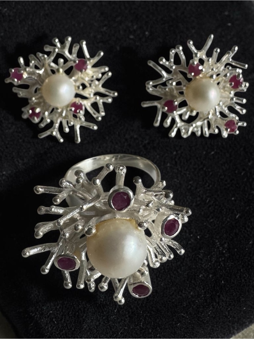 Sterling Silver Pearl Earrings with Ruby Accent - Women's Jewelry